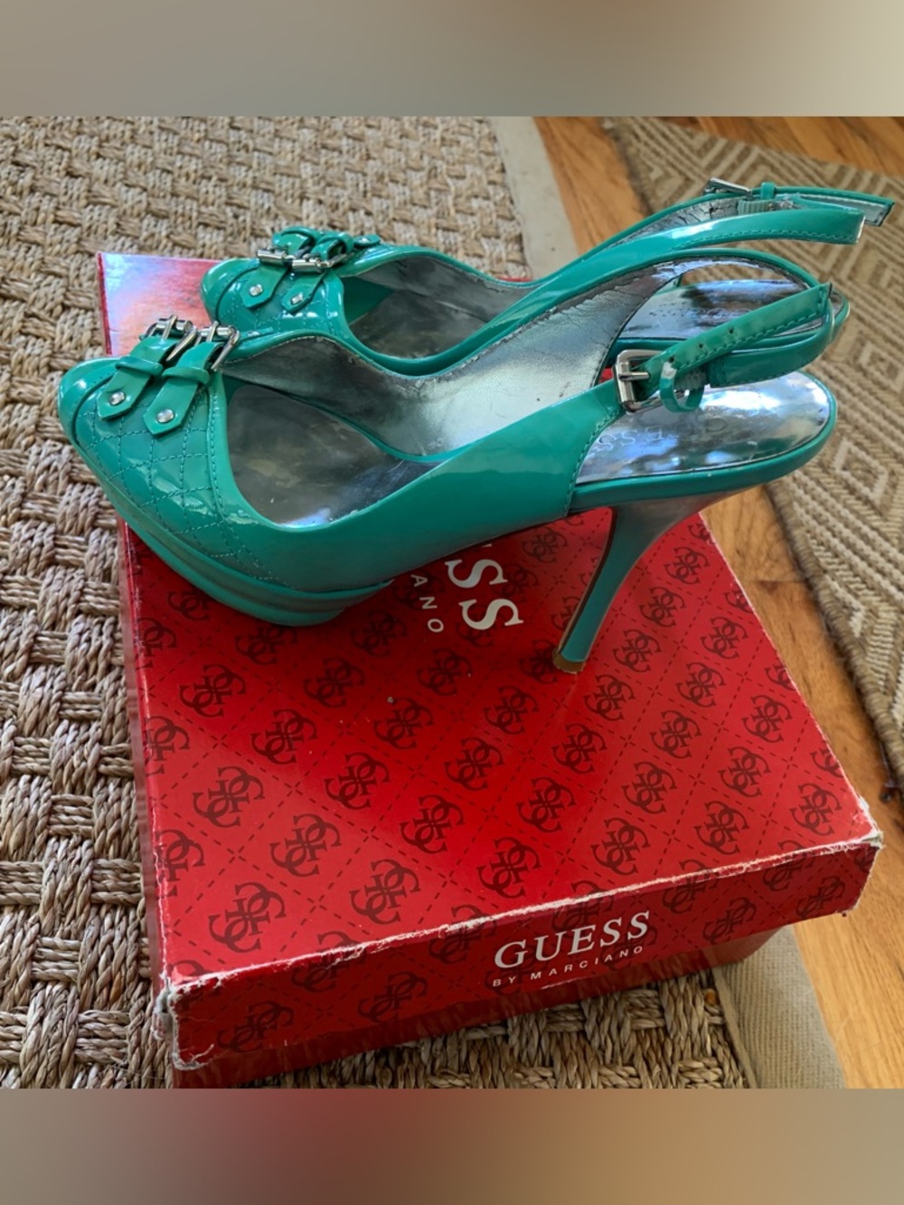 Vintage Guess by Marciano Teal Patent Platform Slingback Heels